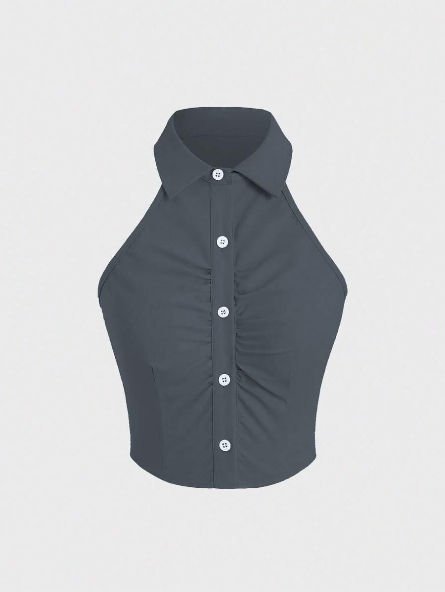 Sweetra Women's Sleeveless Button-Up Fashion Shirt With Turn-Down Collar, Suitable For Vacation And Travels Y2K - Dark Grey - View 1