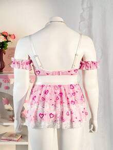 PetitDoll 5pcs Plus Size Sexy Lingerie Set Includes Lace Trim Cake Skirt, Underwire Bra, Multicolor - Pink - View 7