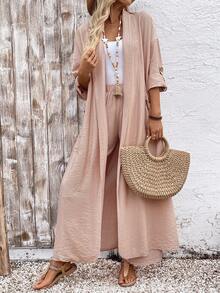 Breezaya 女士休闲度假舒适套装，百搭亚麻开衫和亚麻裤两件套，春夏款 - 卡其色 - 查看 8