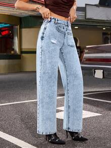 Jeanoix Women's Y2K Casual Everyday Commute Patchwork Design Distressed Loose Wide-Leg Jeans - Light Wash - View 5