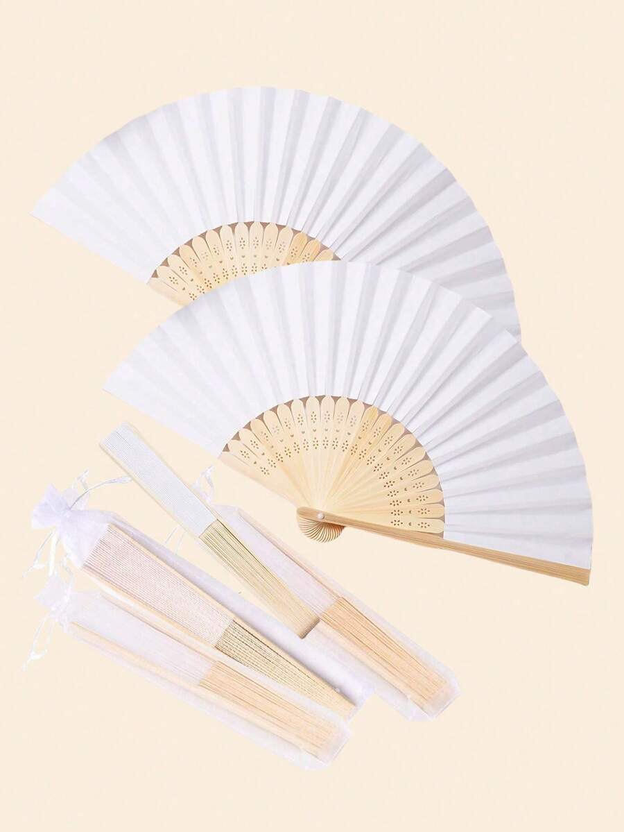 10pcs/25pcs White Folding Fan Bag Set, White With Transparent Bag Folding Fan, White Hand Fan, Transparent Bag, Bamboo Handheld Folding Fan - Multicolor - View 1