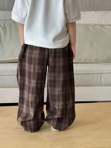 DAZY Young Boy Casual Fashion Street Plaid Print Drawstring Waist Loose Wide Leg Pants - Brown - View 7