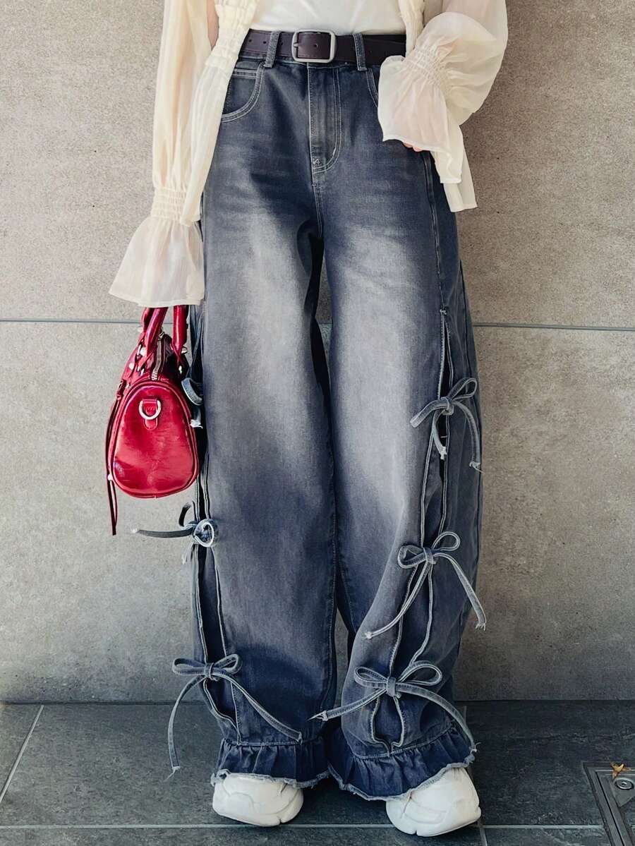 FRIFUL Women's Side Tie Drawstring Bow Design Straight Leg Jeans, Casual Loose Fit Versatile Denim Pants - Grey - View 1