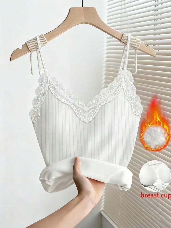 Franclia Women's Solid Color Contrast Lace Ribbed Padded Camisole Top With Built In Bra White Tube Top Women Tube Top With Bra White Crop Top Women Cute Tube Top Lace Trim Bralette White Camisole Thermal Tank Top Lacey Top Summer Top Women Tops Cute Breast Cup Cotton Sets Women Women Summer 2 Pieces Sets Cotton Camisole Built-In Bra Top