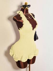 Mistrie Women's Solid Color 3D Floral Decor Sexy Halter Neck Dress - Apricot - View 4