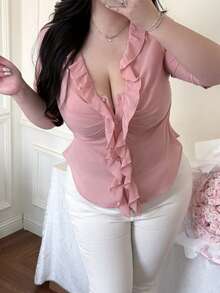 Vibekara Áo kiểu nữ cỡ lớn với viền bèo nhún và eo thắt - Hồng - Xem 3