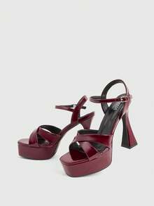 CUCCOO LuxiPop Women's Black Platform High-Heeled Sandals, Party-Style High-Heeled Sandals, Sexy Nightclub High-Heeled Sandals, Square Toe Water Table Sandals, Ankle Straps, Simple Open-Toe Design, Very Suitable For Christmas Parties, Valentine's Day Gifts, The Perfect Choice For Fashionistas - Burgundy - View 5