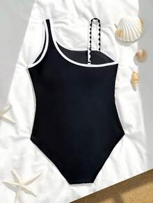 少女黑白撞色镂空吊带弹力可爱简约优雅连体泳衣，夏季 - 彩色 - 查看 2