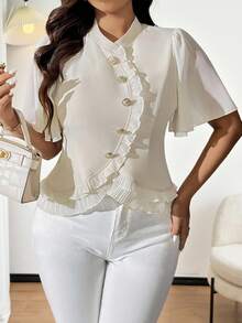 SHEIN Clasi 大码立领褶皱荷叶边袖衬衫，金属纽扣装饰优雅衬衫，荷叶边下摆 - 杏色 - 查看 9