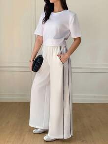 Veilorie 女士休闲黑色条纹裤 - 白色 - 查看 3