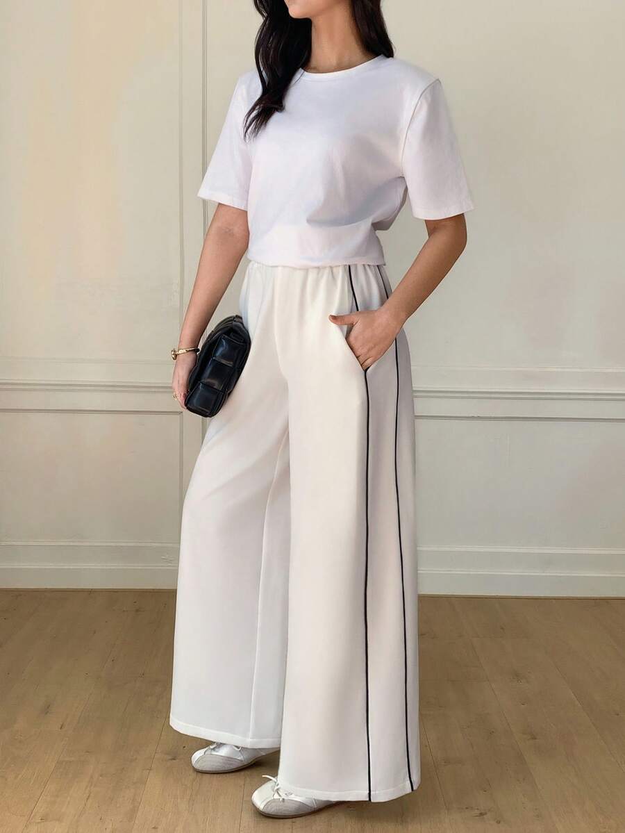 Veilorie Women's Casual Black Sprouting Stripe Pants - White - View 1