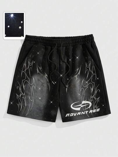 Street Life Men's Zebra Letter Print Rhinestone Street Casual Shorts, Suitable For Spring & Summer