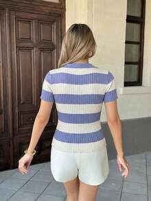 Pariaura Contrast Stripe Polo Collar Knit Top, French Street Style, Short Sleeve Summer Blouse - Purple - View 2