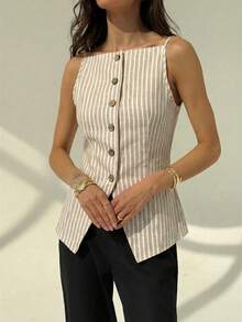 Aloruh 女士优雅露肩无袖条纹薄款西装背心 - 彩色 - 查看 6