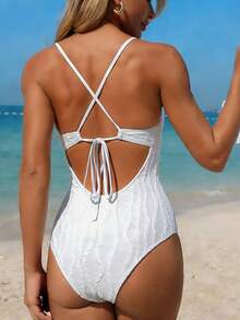 Shapewave 1pc Women's One-Piece Swimsuit, White Special Fabric, Fashionable Shaping, Bow Tie Front, Adult Beach Outfit White One Piece Swimsuit White One Piece Sexy One Piece Swimsuit Beachwear One Piece Textured One Piece - White - View 2