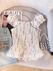 SHEIN PETITE Áo sơ mi nữ kiểu dáng đi nghỉ mát, họa tiết hoa, viền bèo nhún. - Hồng - Xem 2
