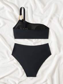 Swim Vcay 女士夏季新款纯色度假风单肩抹胸交叉前开比基尼套装 - 黑色 - 查看 2