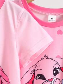 3件套女童短袖及膝睡裙，可爱兔子爱心印花，粉色组合，针织圆领，休闲宽松柔软睡衣，夏季 - 粉色 - 查看 3