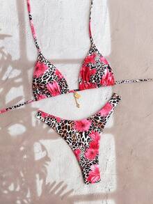 Swim Vcay New Leopard Print Halter Backless Top And Side Tie High Cut Thong 2 Piece Swimsuit Set, Women Beach Holiday Bikini - Multicolor - View 5