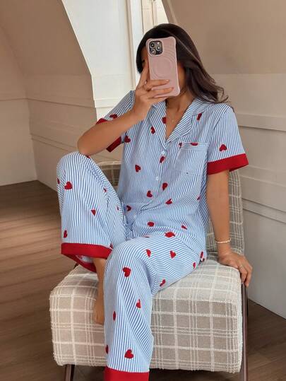 SHEIN Napfluff 撞色领心形条纹印花短袖睡衣套装（女士款）