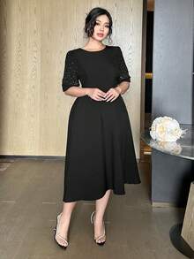 Dazy Plus 优雅水钻装饰纯色收腰灯笼袖短袖长款连衣裙，适合约会、大码、春夏连衣裙 - 黑色 - 查看 6