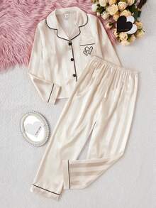 Tween Girls Pajamas-2 Piece Pajama Set Heart Embroidery Satin Look Champagne Pink Button Front Notch Collar Long Sleeve Top Long Pants Contrast Black Piping Sleepwear Four Seasons Holiday 2026 Essential Gift Cozy Versatile - Champagne - View 6