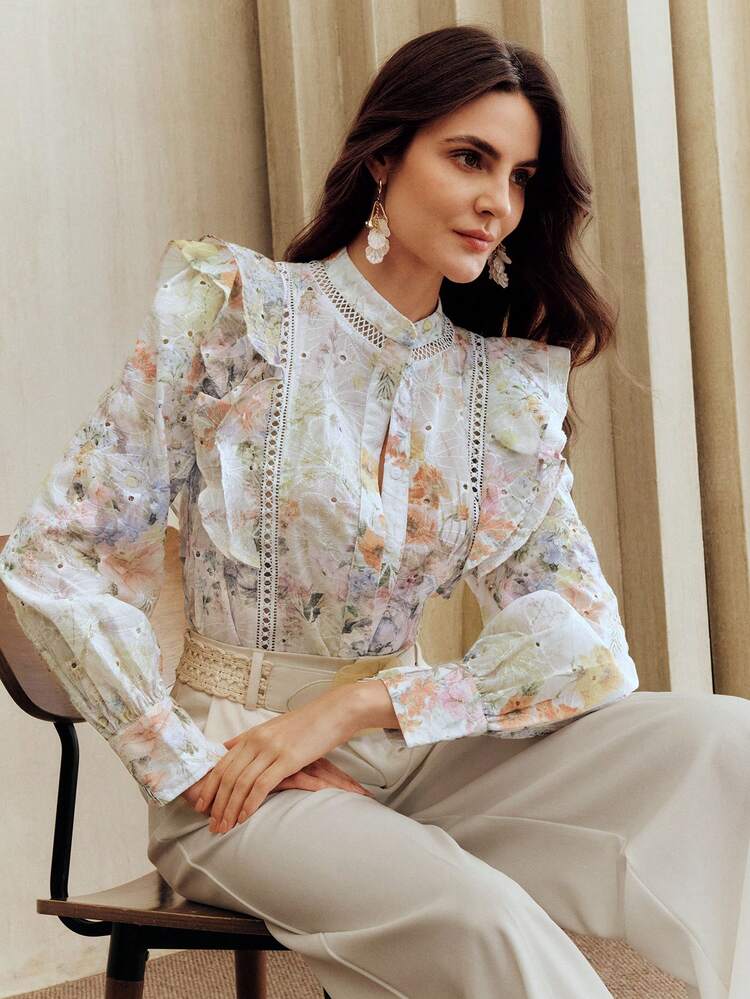 Women's Elegant Bohemian Ruffle Shoulder Embroidered Floral Print Long Sleeve Blouse, Suitable For Valentine's Day, Women's Day, Mother's Day Boho Blouses Floral Blouse Lantern Sleeve Blouse Elegant Blouses