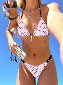 Swim Mod Bộ bikini gợi cảm mùa hè dành cho nữ, kiểu dáng ngọt ngào, dễ thương, họa tiết chấm bi tương phản, có thể mặc hai mặt, buộc dây cổ sau lưng. - Nhiều màu - Xem 1