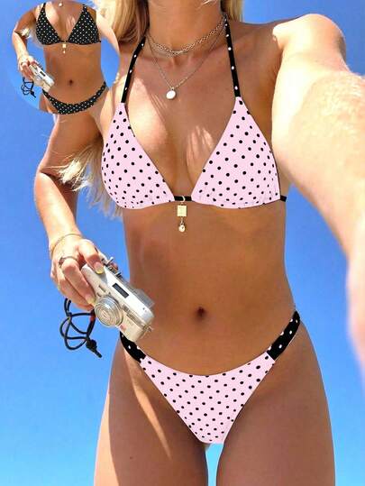 Swim Mod Women's Summer New Beach Vacation Fashion Sweet Cute Contrast Polka Dot Print Reversible Halter Tie Back Sexy Bikini Set Set