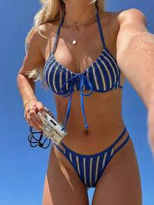 Swim Mod Elegant Women's Blue & Beige Striped Soft Breathable 3D Textured Crochet Knit 2 Pieces Bikini Set, 2026 Artisanal Crochet Lace Textured Striped Beachwear, Front Tie Triangle Bikini Top With Thin Adjustable Spaghetti Straps, Cutout High Leg Cheeky Bikini Bottoms, Boho Stretch Woven Swimwear For Summer Vacation Pool Party - Blue - View 1