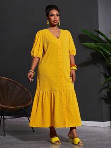 Veslaya Vestido maxi de manga larga con botones, cuello de camisa y textura amarilla, para mujer talla grande. Ideal para festivales de música, Pascua, estilo occidental, nómada, fiestas de cumpleaños, graduaciones, universidad, uso diario casual, básico, ocio, vacaciones, cruceros, playa, tomar el sol, ropa urbana, invitada de boda, ir al trabajo, brunch, aeropuerto, fiestas, salidas festivas, banquetes elegantes, bailes, casual y elegante de alta gama. - Amarillo - Ver 4