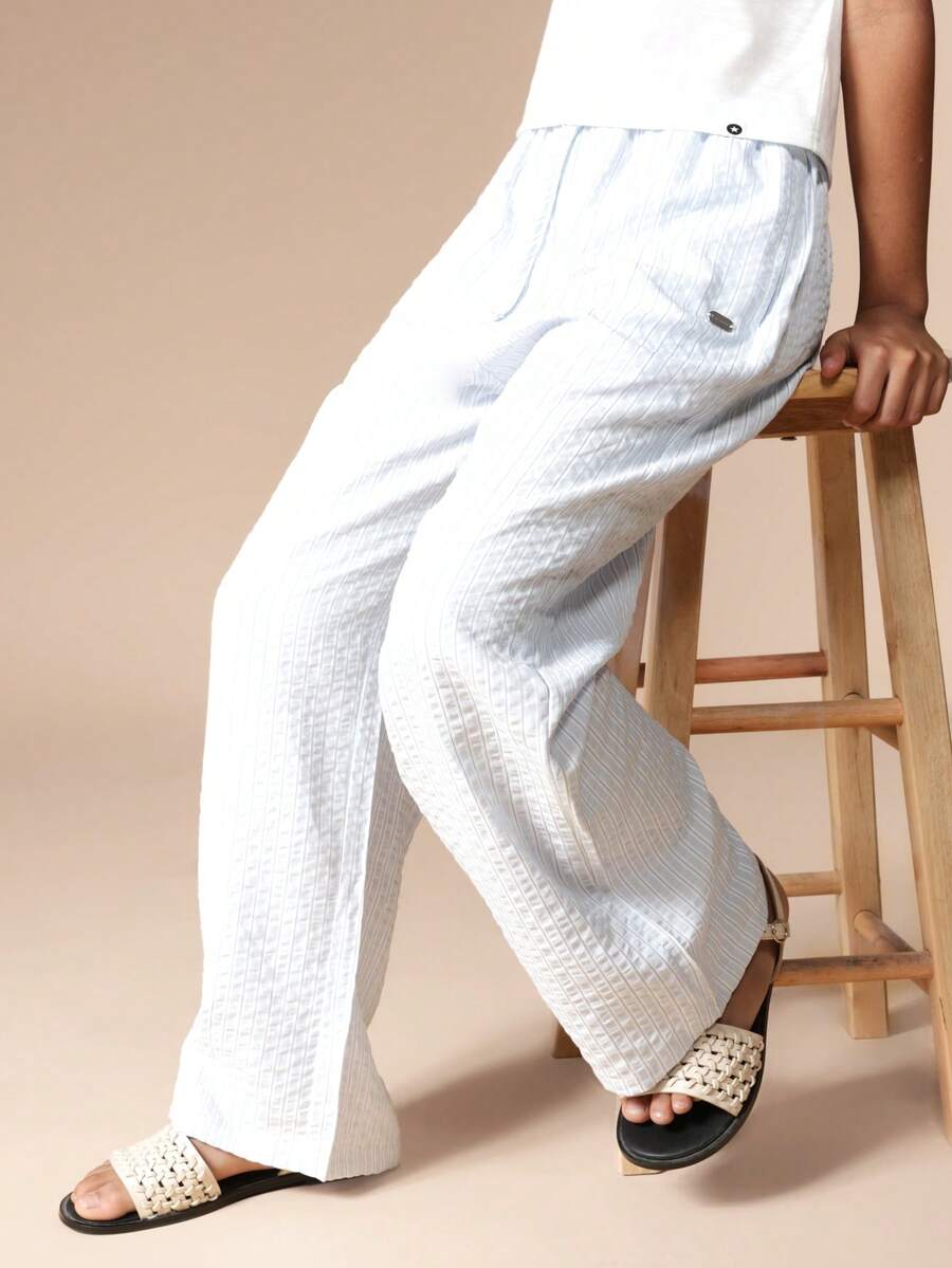 SUMWON Pantalones palazzo de pierna ancha con rayas verticales texturizadas para niñas preadolescentes, de talle alto, de verano, casuales, sueltos, con cordón en la cintura, para vacaciones - Celeste - Ver 1