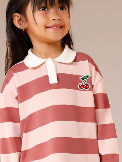  SUMWON Cherry Embroidered Long Sleeve Striped Polo Shirt For Toddlers Kids Fall Winter Casual Collared Top Vacation