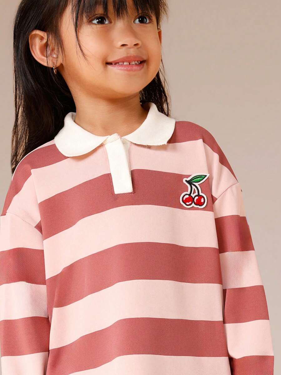 SUMWON 樱桃刺绣长袖条纹 Polo 衫，适合幼儿和儿童秋冬休闲度假穿着。 - 紫色 - 查看 1