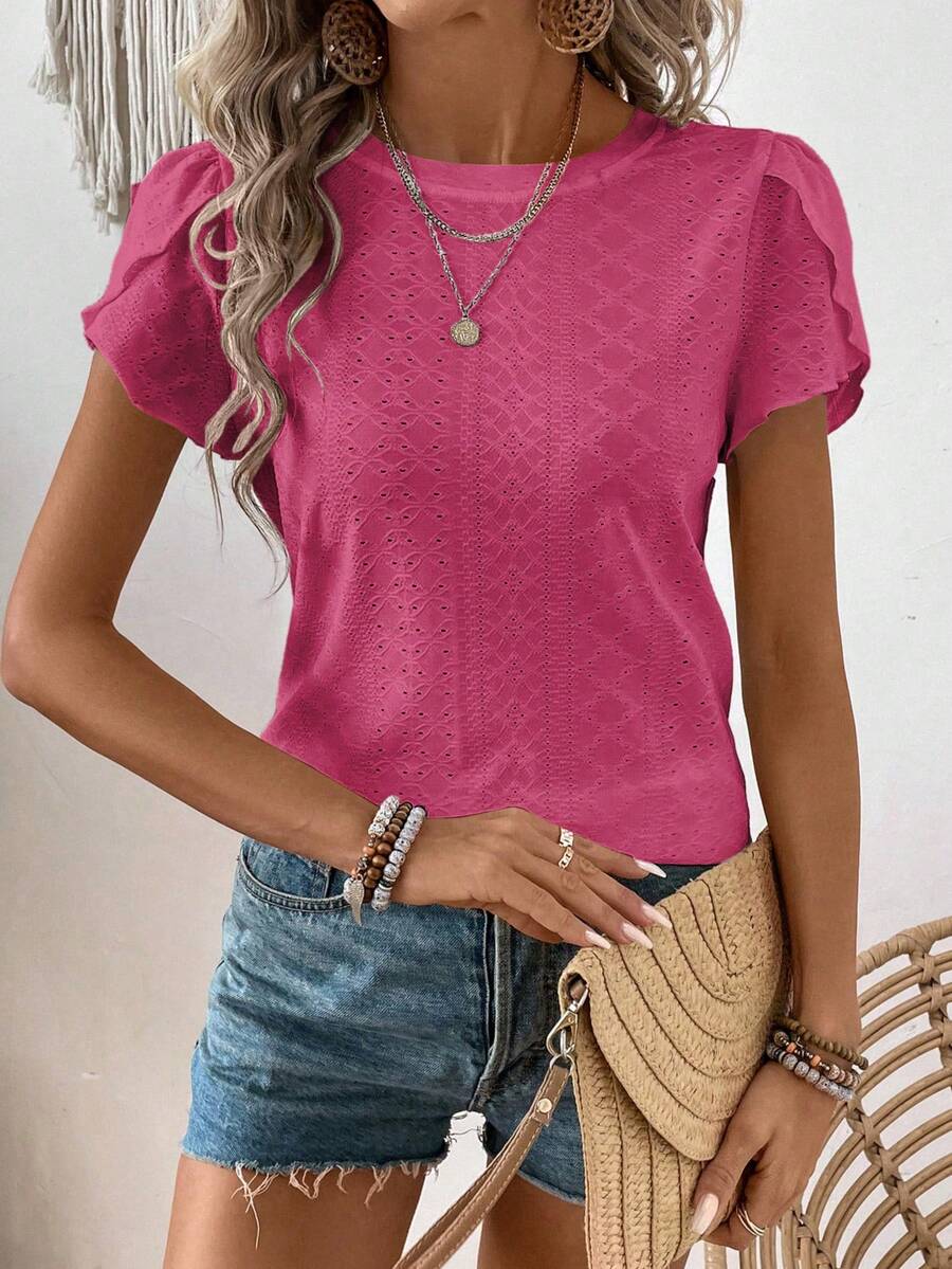 SHEIN LUNE Women's Hollow-Out Casual Round Neck Petal Short Sleeve Casual T-Shirt - Hot Pink - View 1