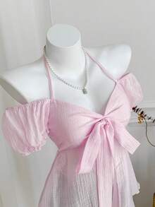 Elamini Romantic, Pure, Sweet, Cute, Soft, Millennium Retro, Student, Young Lady, Vacation, Date, Casual, School, Bow Tie, Halter, Puff Sleeve, A-Line, Pink Top Blouse, Spring/Summer/Autumn - Baby Pink - View 4