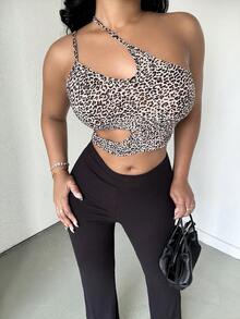 Alexandranx 女士休閒針織豹紋短上衣，剪裁和單肩設計 - 棕色 - 查看 3