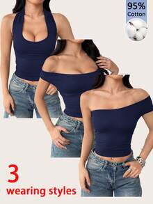Tseoso 95% Cotton Navy Blue Women's Versatile Fitted Top, 3 Ways To Wear - Navy Blue - View 10
