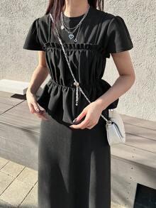 FRIFUL 女款細肩帶荷葉邊拼接圓領T恤洋裝，純色夏季兩件式居家休閒套裝，適合學校穿著 - 黑色 - 查看 6