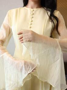 Feyla Vestido corto elegante de manga larga con cuello redondo, de unicolor y parches de malla para mujer - Amarillo claro - Ver 7