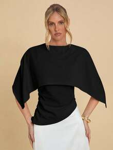 COSMINA Blusa elegante con diseño de poncho de unicolor para mujer - Negro - Ver 4
