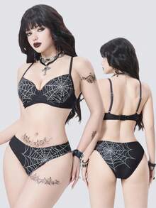 ROMWE Goth 女士浪漫神秘又略带惊悚的蜘蛛网印花比基尼套装，蝙蝠翼形罩杯，可调节宽肩带，树脂后扣，带钢圈的聚拢比基尼，适合新年、情人节、返校季、旅行季、户外活动、海滩、下午茶、派对、日常穿着、休闲、户外运动等场合。 - 黑與白 - 查看 12