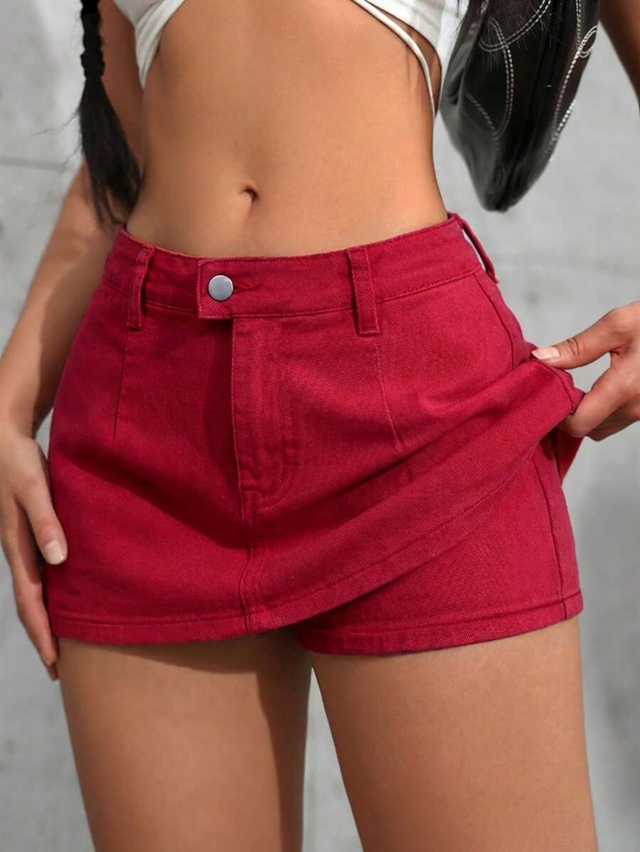 SHEIN Tall Women's Casual Versatile Denim Skorts With Waist Button Design - Red - View 1