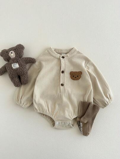 1pc Baby Boy Baby Girl Unisex Infant Fashion Bodysuit For Baby Boys, Spring & Autumn, Big Pocket Bodysuit Outerwear, Baby Boy Bear Pattern Lapel Collar Long Sleeve Bodysuit, Baby Boy Clothing, Suitable For Spring, Autumn & Winter, 3M-24M New Born Neutral Outfit Mocha Baby Clothes Neutral Baby Clothes Unisex Vintage Neutral Baby Clothes Baby Teddy Bear Outfit