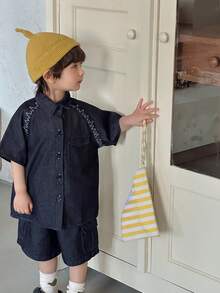 DAZY Young Boy Summer Casual Fashion Street Daily Commute Flap Pocket Shirt And Loose Denim Shorts Set - Black - View 4