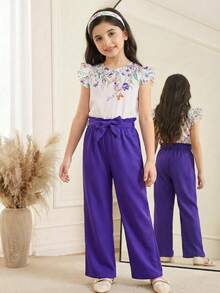 SHEIN Tween Girls' Casual Floral Print Round Neck Cap Sleeve Shirt Top And Straight Waist Paper Bag Pants 2-Piece Coordinating Set, Purple