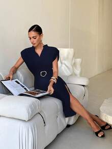 Lavishia Vestido midi ajustado de manga dolman con cuello en V de unicolor para mujer, falda larga minimalista negra elegante con hombros anchos y escote profundo, sexy y elegante, simple y versátil para ir al trabajo, elegantes conjuntos de vacaciones estilizantes para mujer, vestidos de verano para mujer, vestidos de graduación - Azul Marino - Ver 5