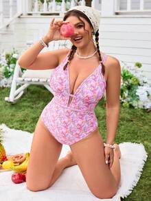 Swim Mod Áo tắm liền thân cỡ lớn dành cho nữ, họa tiết hoa nhí ngẫu nhiên với viền in, cổ chữ V sâu, dây đeo có thể điều chỉnh, thích hợp cho kỳ nghỉ hè ở bãi biển. - Nhiều màu - Xem 6