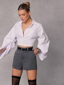 Hauture Fashionable & Elegant Glen Check Shorts With Belt Loops, Loose & Versatile - Dark Grey - View 3