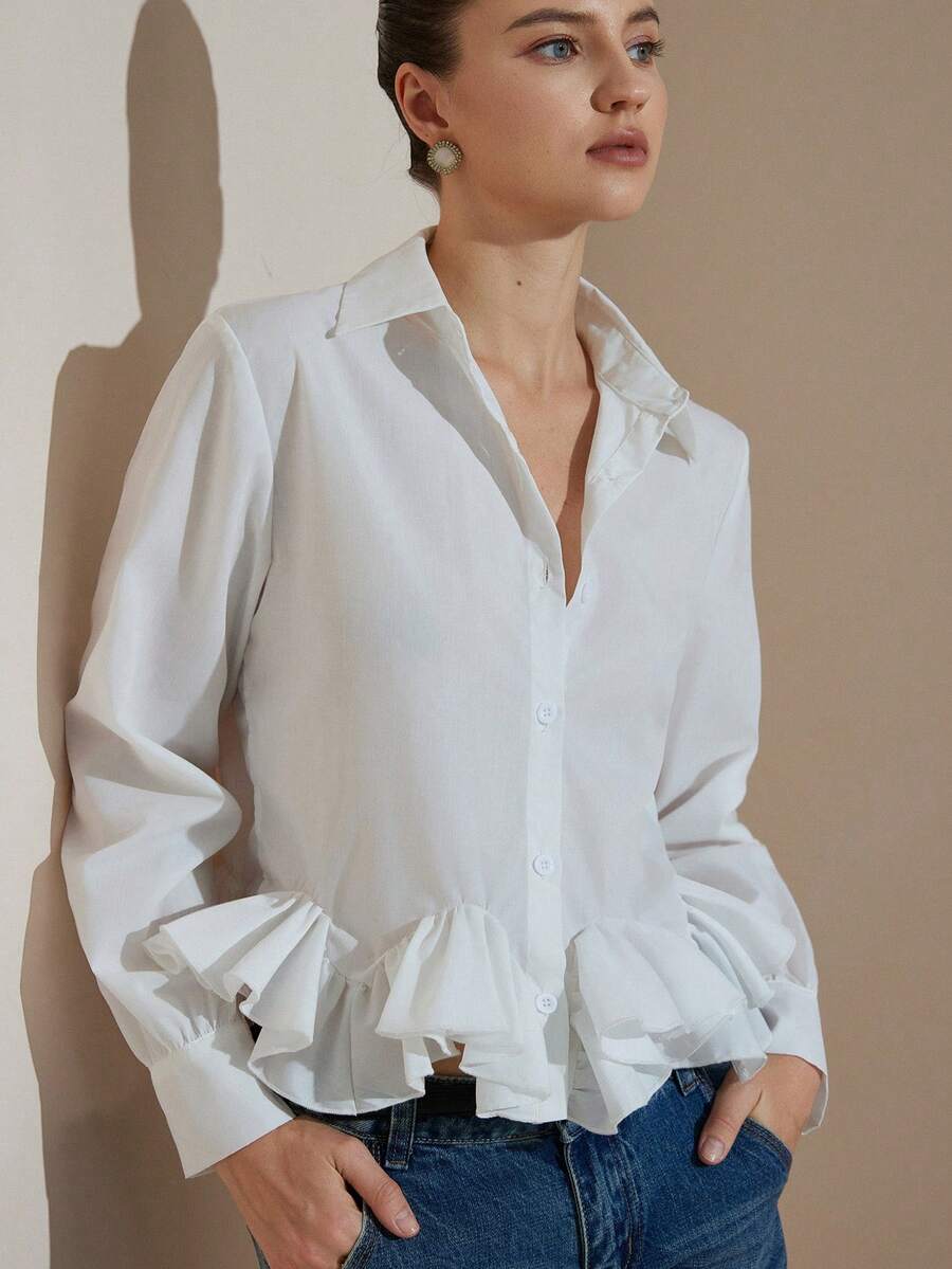 Aveloria Rosie New Fashionable Versatile Elegant Ruffle Hem Long Sleeve Blouse - White - View 1